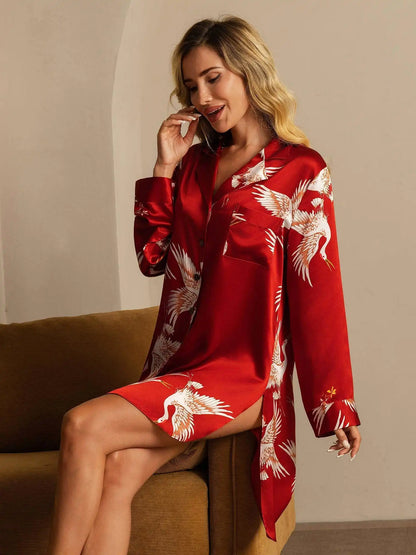 19Momme 100% Mulberry Silk Crane Print Nightshirt with High-Low Hem
