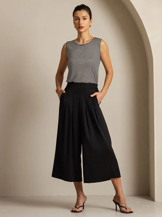 19Momme Silk Women's High Waist Pleated Wide Leg Capri Pants