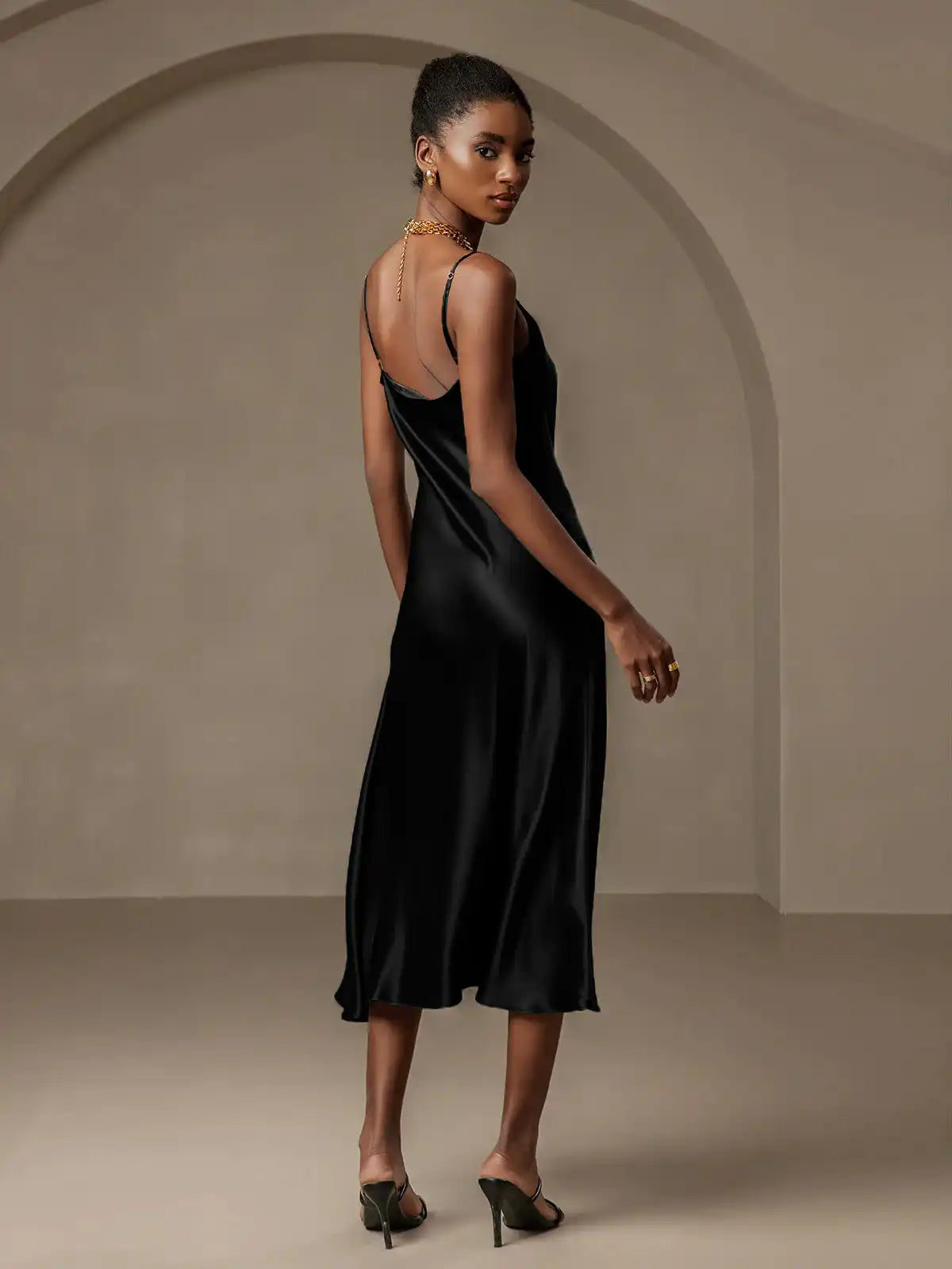 100% Mulberry Silk Spaghetti Strap Cowl Neck Bias Midi Dress with Split Design
