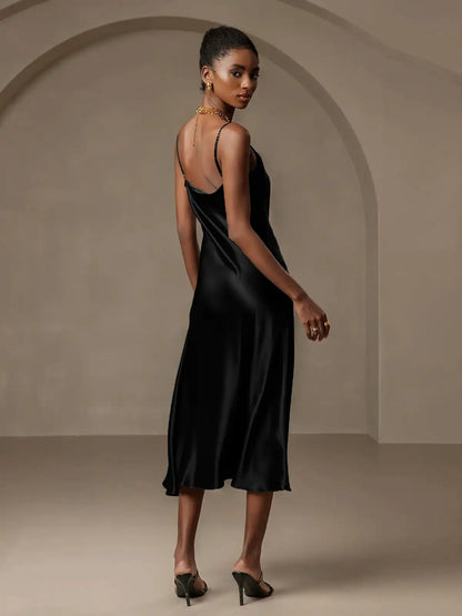 100% Mulberry Silk Spaghetti Strap Cowl Neck Bias Midi Dress with Split Design