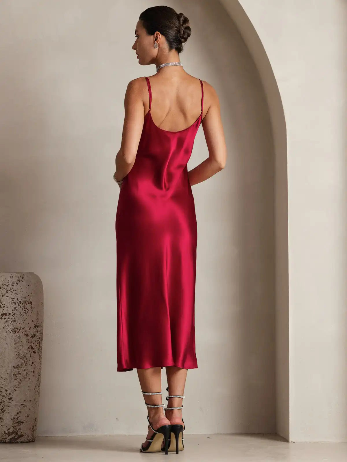 100% Mulberry Silk Spaghetti Strap V Neck Midi Dress
