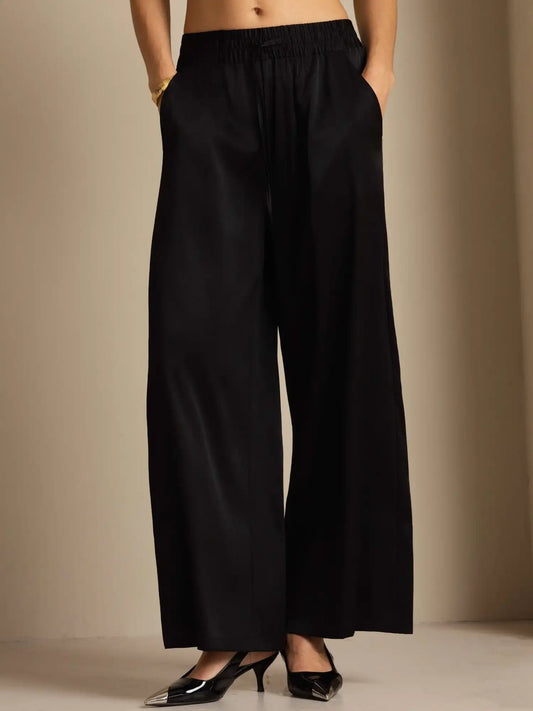 19Momme Silk Women’s High-Waist Wide Leg Pants with Shirred Drawstring Waist