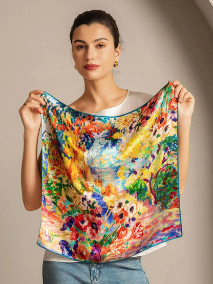 100% Mulberry Silk Oil Painting Square Scarf - Size 53x53cm