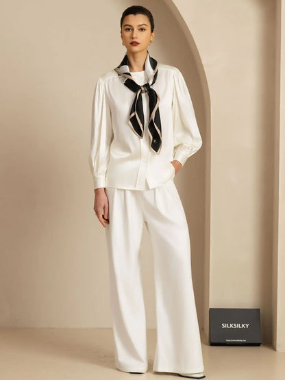 100% Mulberry Silk White Ribbon Square Scarf - Size 90x90cm