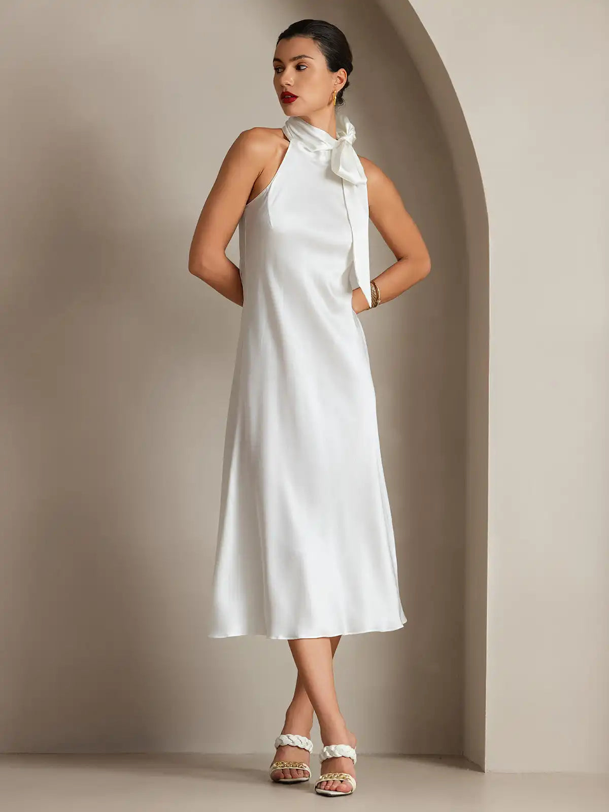 Clearance - 19Momme Silk Sleeveless Tie Neck Midi Dress
