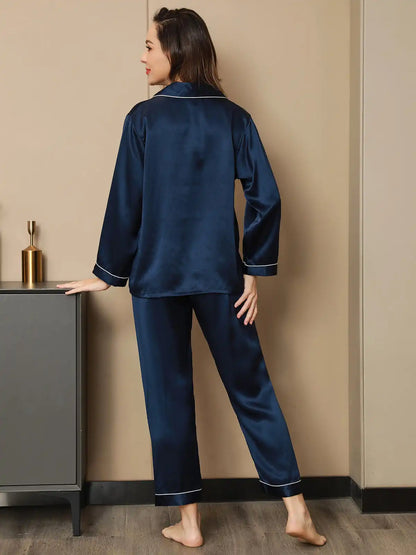 100% Mulberry Silk Lapel Collar Button Up Women's Pajamas Set