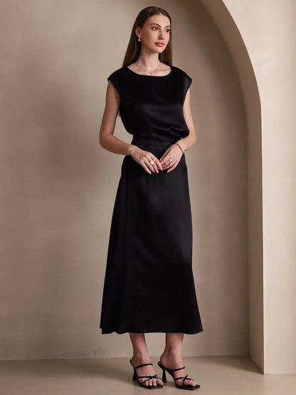 Clearance - 19Momme Silk A Line Maxi Skirt with Zipper Design