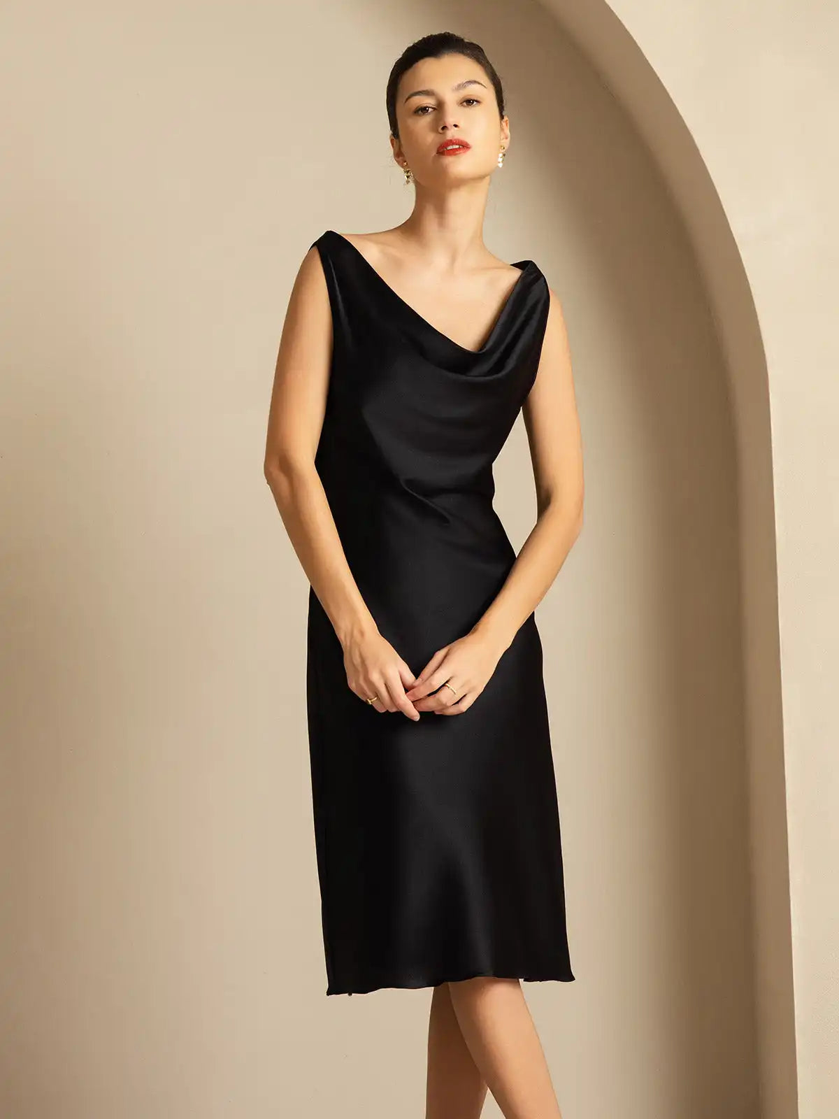 19Momme Silk Sleeveless Cowl Neck Knee Elegant Dress