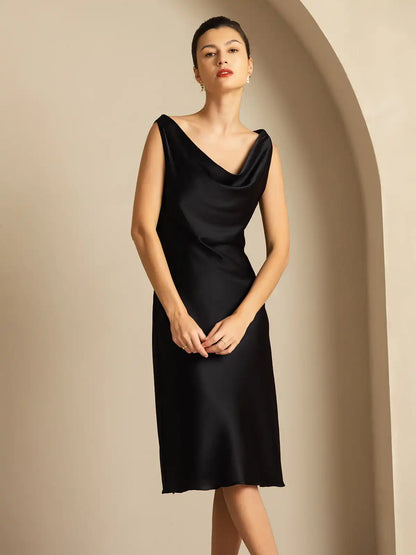 19Momme Silk Sleeveless Cowl Neck Knee Elegant Dress