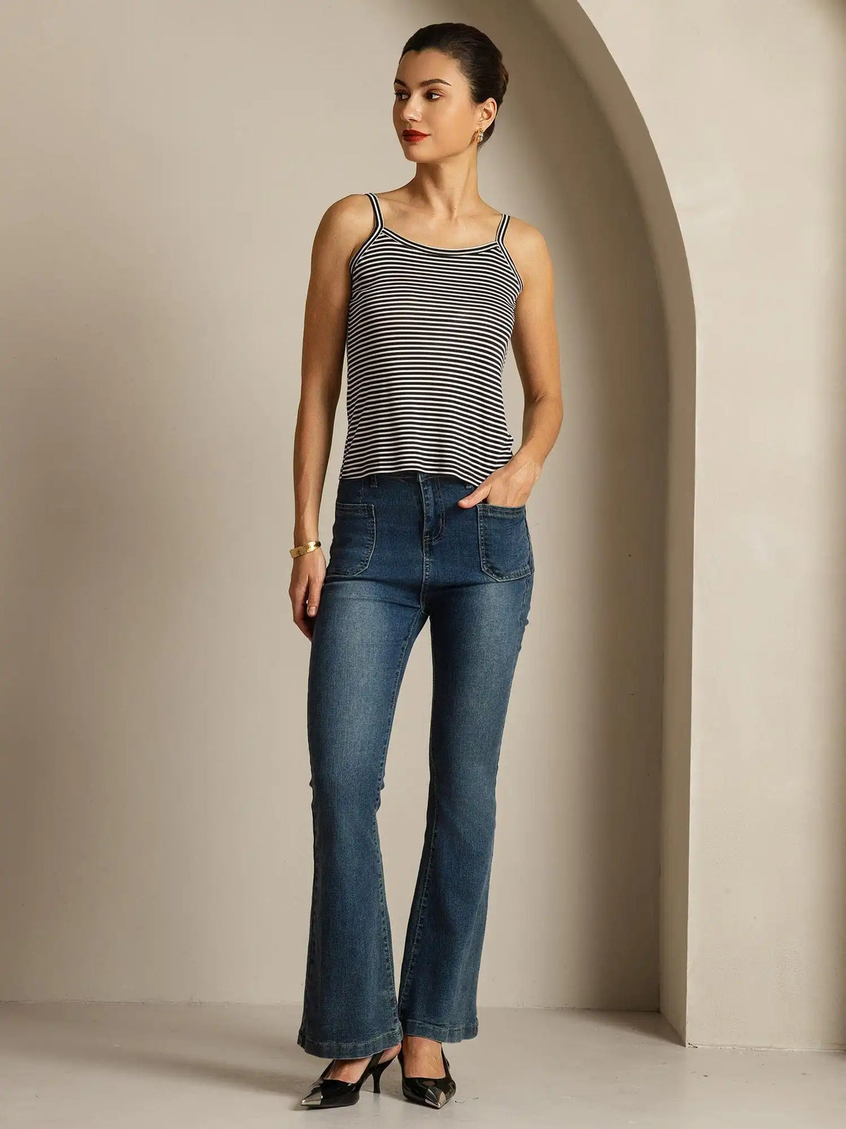 100% Mulberry Silk Spaghetti Strap Square Neck Stripe Camisole Top