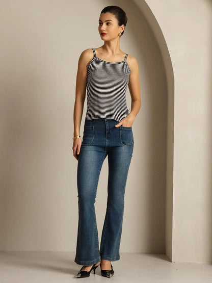 100% Mulberry Silk Spaghetti Strap Square Neck Stripe Camisole Top