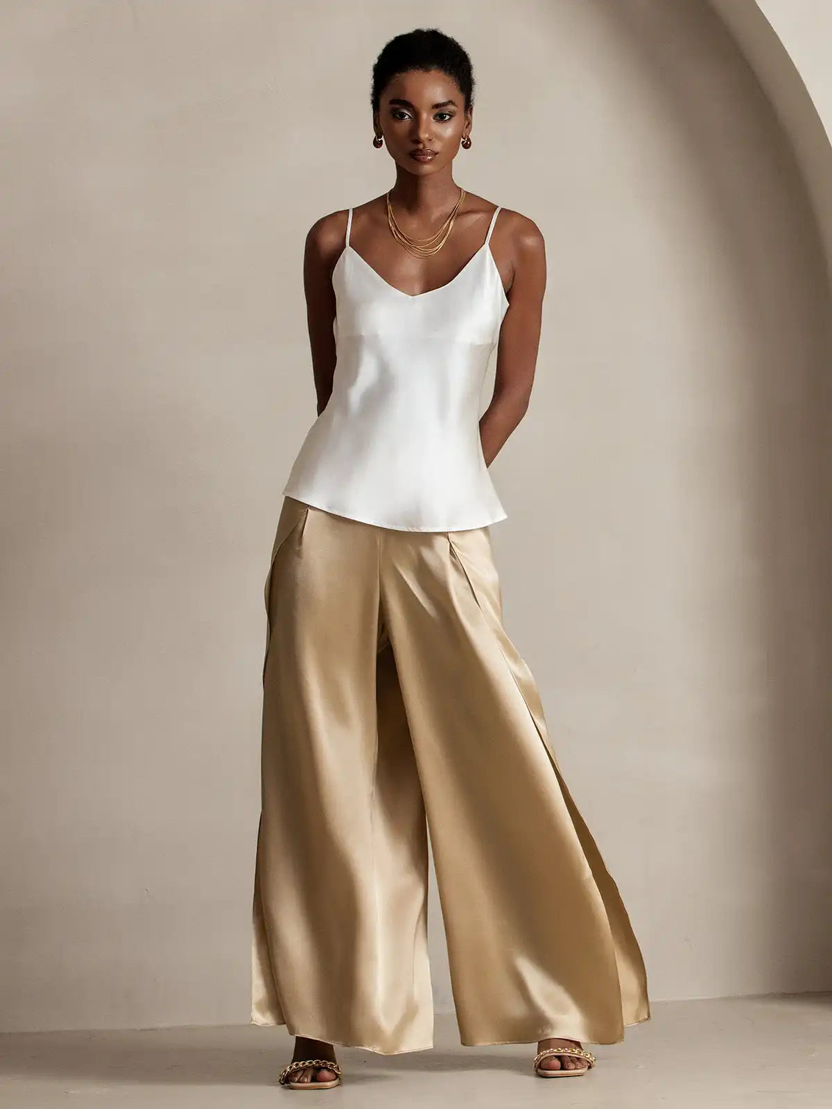 19Momme Silk Fashionable Flowy High-Slit Palazzo Pants