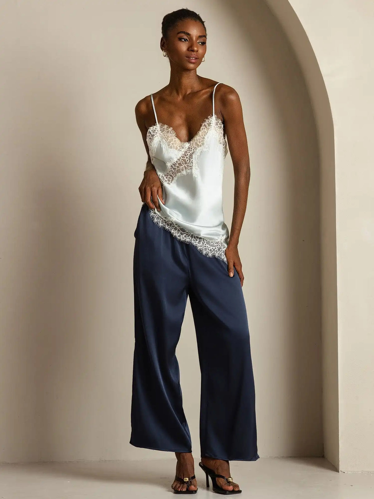 100% Mulberry Silk Spaghetti Straps Lace Camisole Top with Asymmetrical Hem
