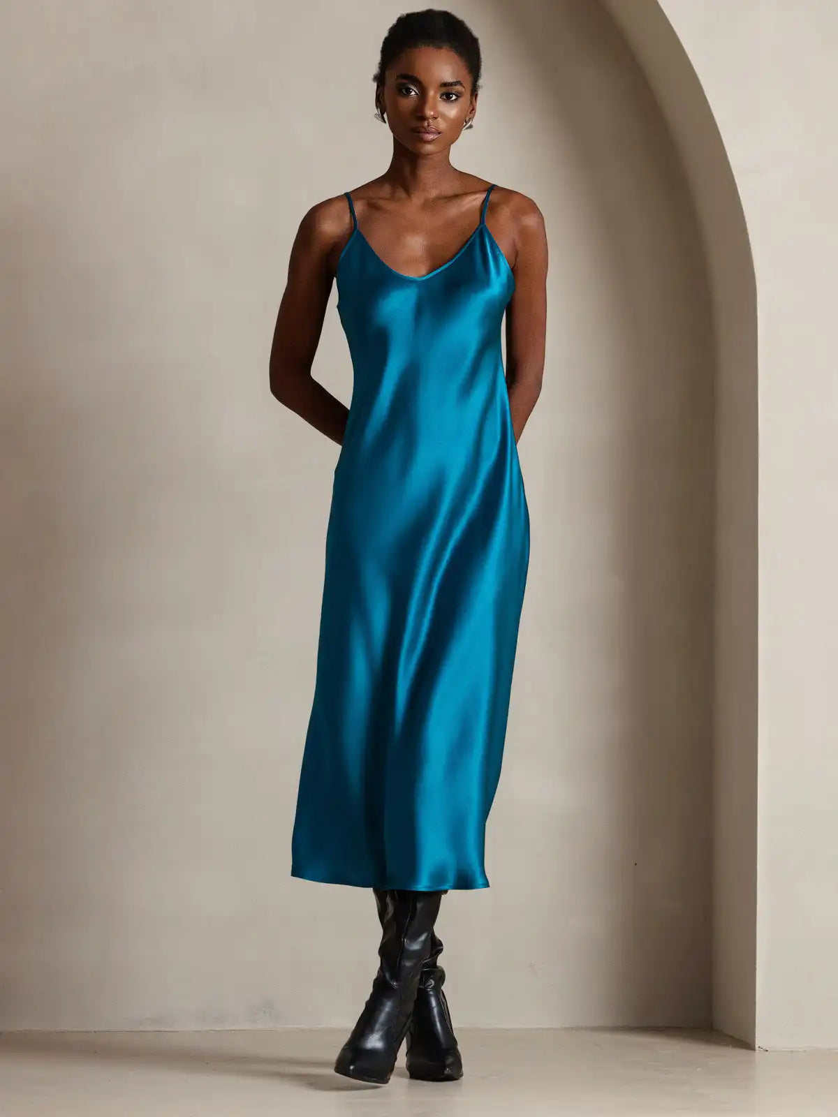 100% Mulberry Silk Spaghetti Strap Midi Long Dress