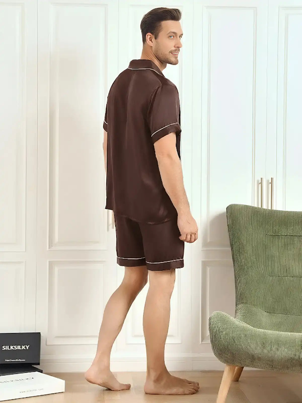 Clearance - 100% Mulberry Silk Short Sleeve Notch Collar Men's Pajamas Set with Shorts