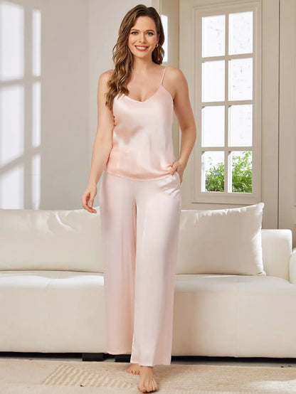 100% Mulberry Silk Spaghetti Strap V Neck Cami & Wide Leg Pants Pajama Set