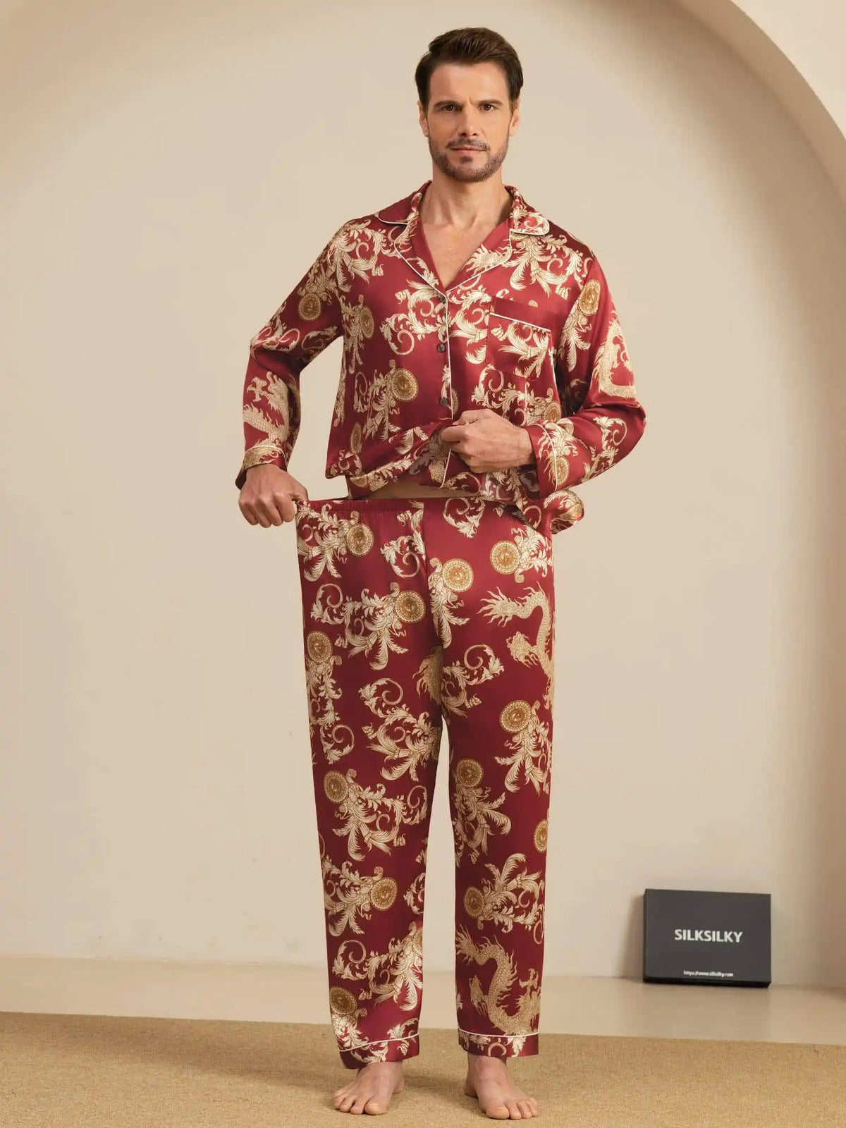 100% Mulberry Silk Men's Dragon Print  Long Sleeve Notch Collar Pajamas Set