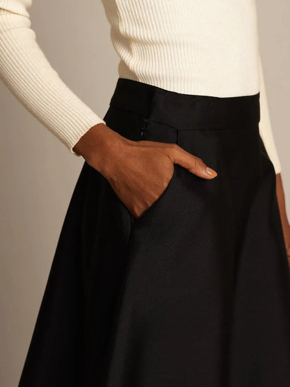 32Momme Silk-Wool Blend  A Line Midi Skirt with Zipper Deign