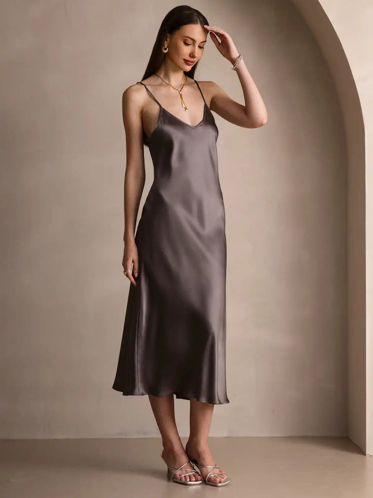 100% Mulberry Silk Spaghetti Strap Midi Long Dress