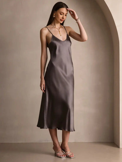 100% Mulberry Silk Spaghetti Strap Midi Long Dress
