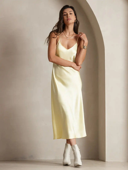 100% Mulberry Silk Spaghetti Strap V-neck Midi Nightgown