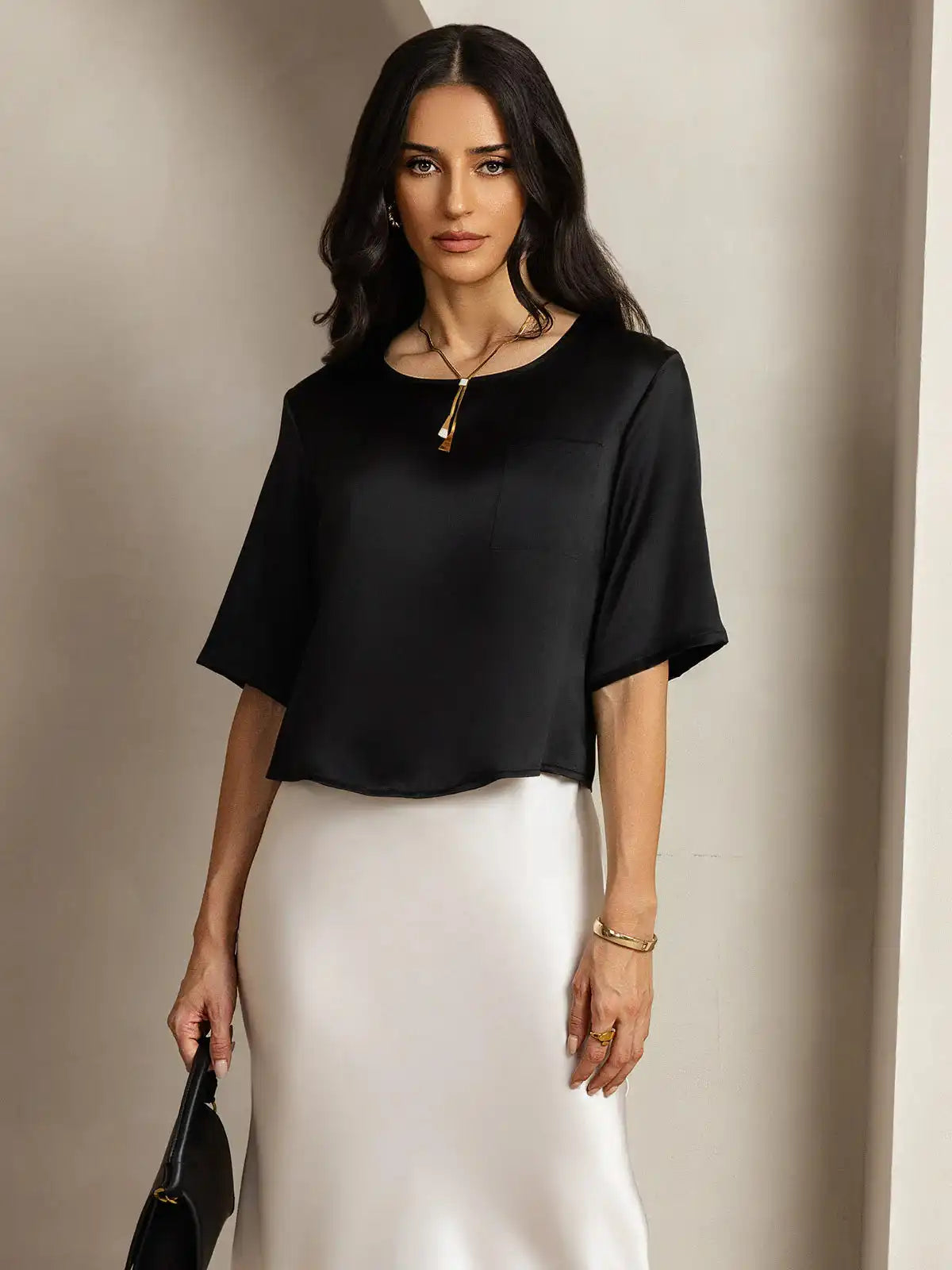 100% Mulberry Silk Women's Blouse Short Sleeve Boxy Crop Top