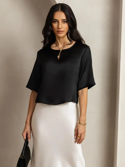 100% Mulberry Silk Women's Blouse Short Sleeve Boxy Crop Top