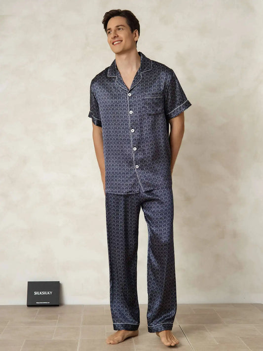 Clearance - Men's Pure Silk Navy Ginkgo Print Short Sleeve Pajamas Set with Pants