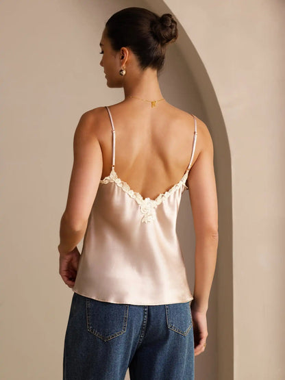 100% Mulberry Silk Spaghetti Strap  V-neck Lace Camisole Top
