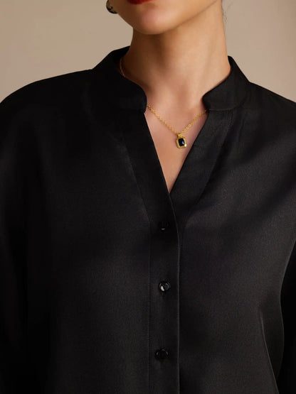 100% Mulberry Silk Women’s Split Neck Long Sleeve Blouse With Drawstring