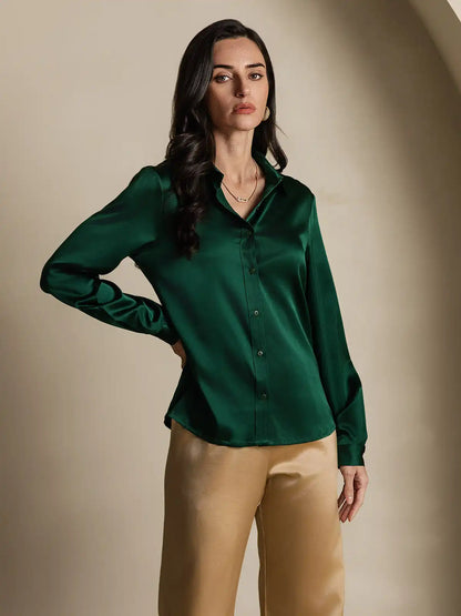 19Momme Silk Long Sleeve Lapel Collar Women's Shirt