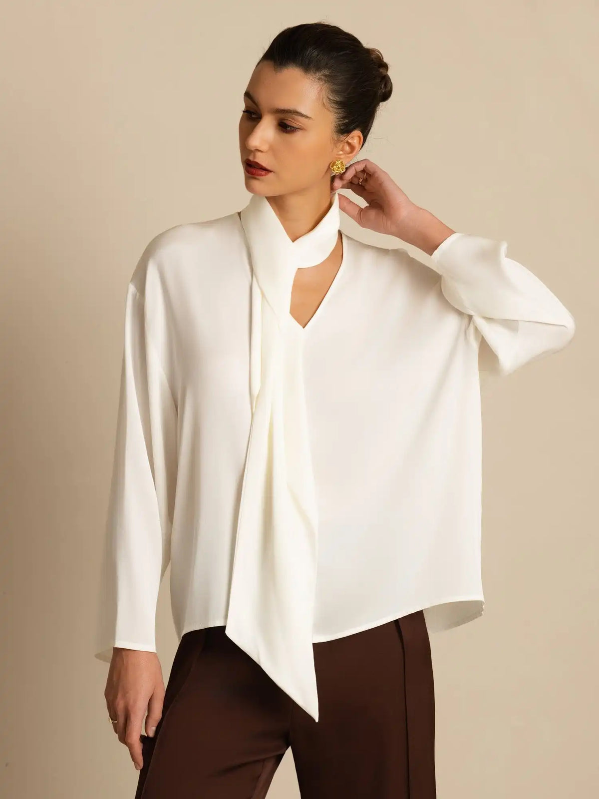 Clearance - 19Momme Silk Women's Asymmetrical Tie V Neck Blouse