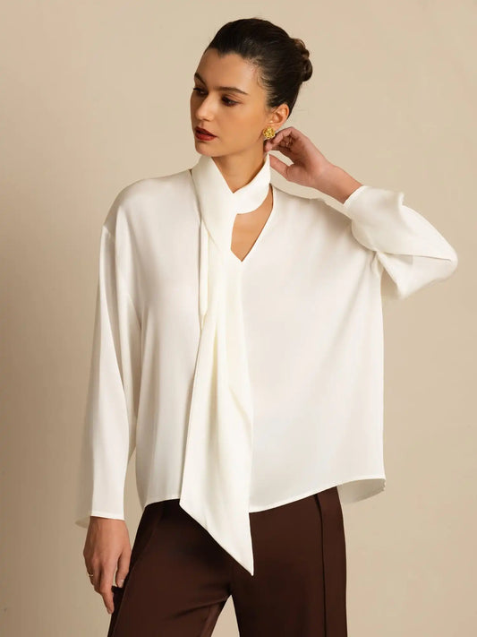 Clearance - 19Momme Silk Women's Asymmetrical Tie V Neck Blouse