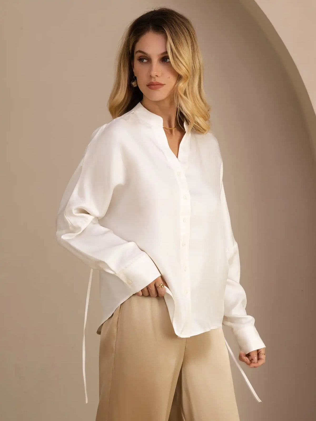 100% Mulberry Silk Women’s Split Neck Long Sleeve Blouse With Drawstring