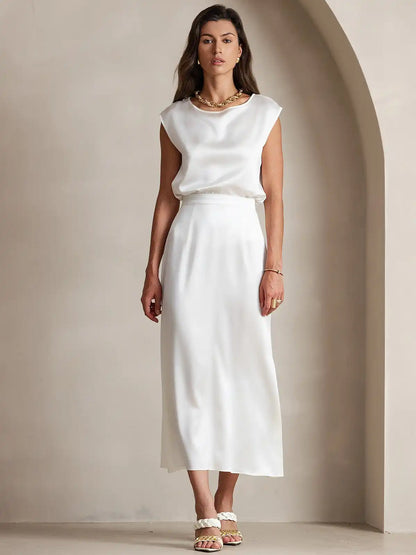 Clearance - 19Momme Silk A Line Maxi Skirt with Zipper Design