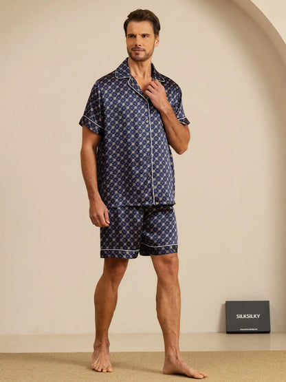 100% Mulberry Silk Short Sleeve Notch Collar Men's Chain Print Pajamas Set with Shorts