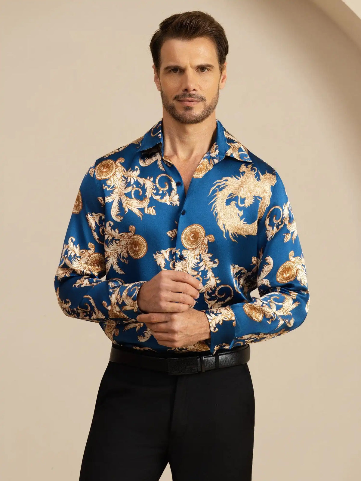Pure Silk Men's Long Sleeve Lapel Collar Dragon Print Shirt