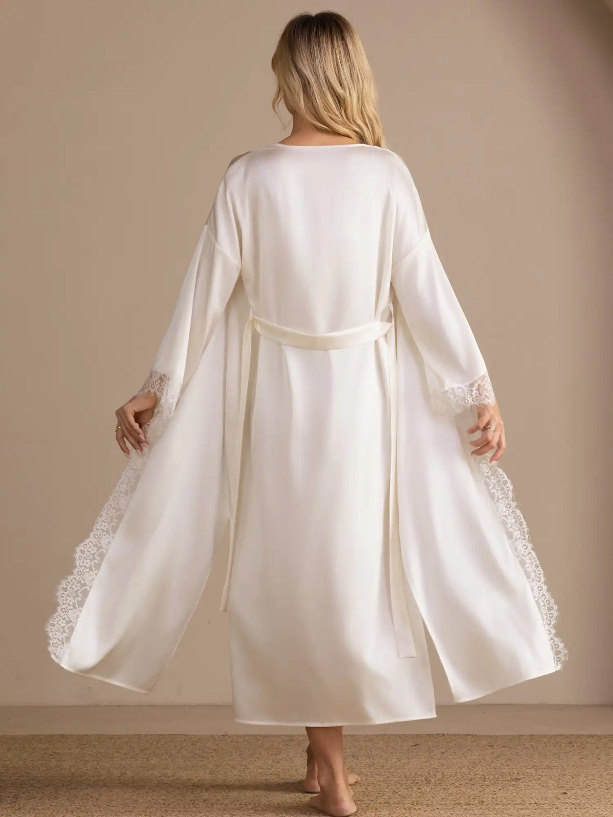 100% Mulberry Silk Women's Kimono Sleeves  Lace Trim Midi Robe for Bridal