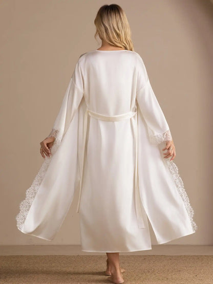 100% Mulberry Silk Women's Kimono Sleeves  Lace Trim Midi Robe for Bridal