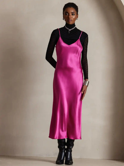100% Mulberry Silk Spaghetti Strap V Neck Midi Dress