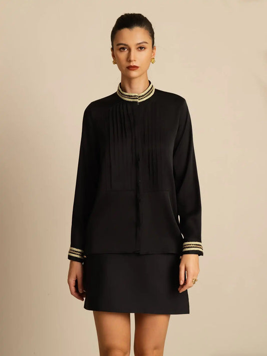 Clearance - 19Momme Silk Women's Pleated Stand Collar Blouse