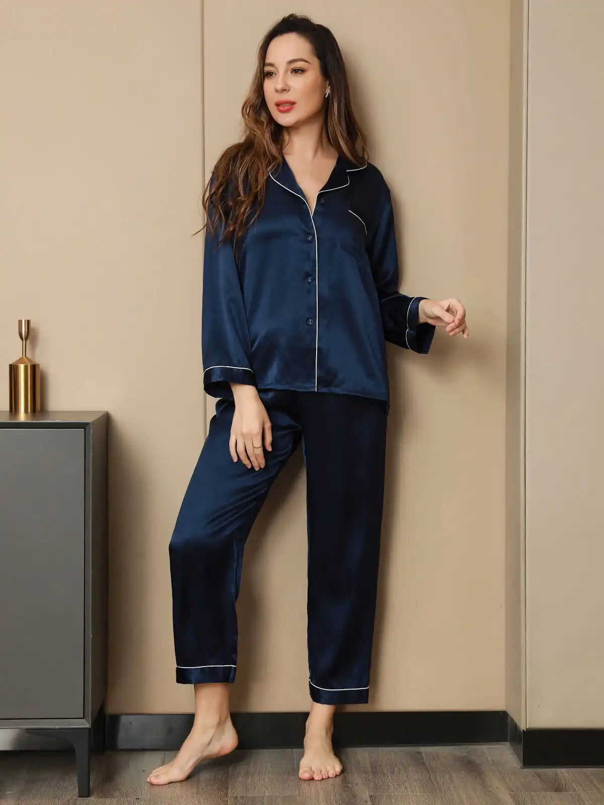 100% Mulberry Silk Lapel Collar Button Up Women's Pajamas Set
