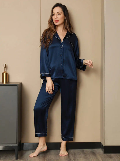 100% Mulberry Silk Lapel Collar Button Up Women's Pajamas Set