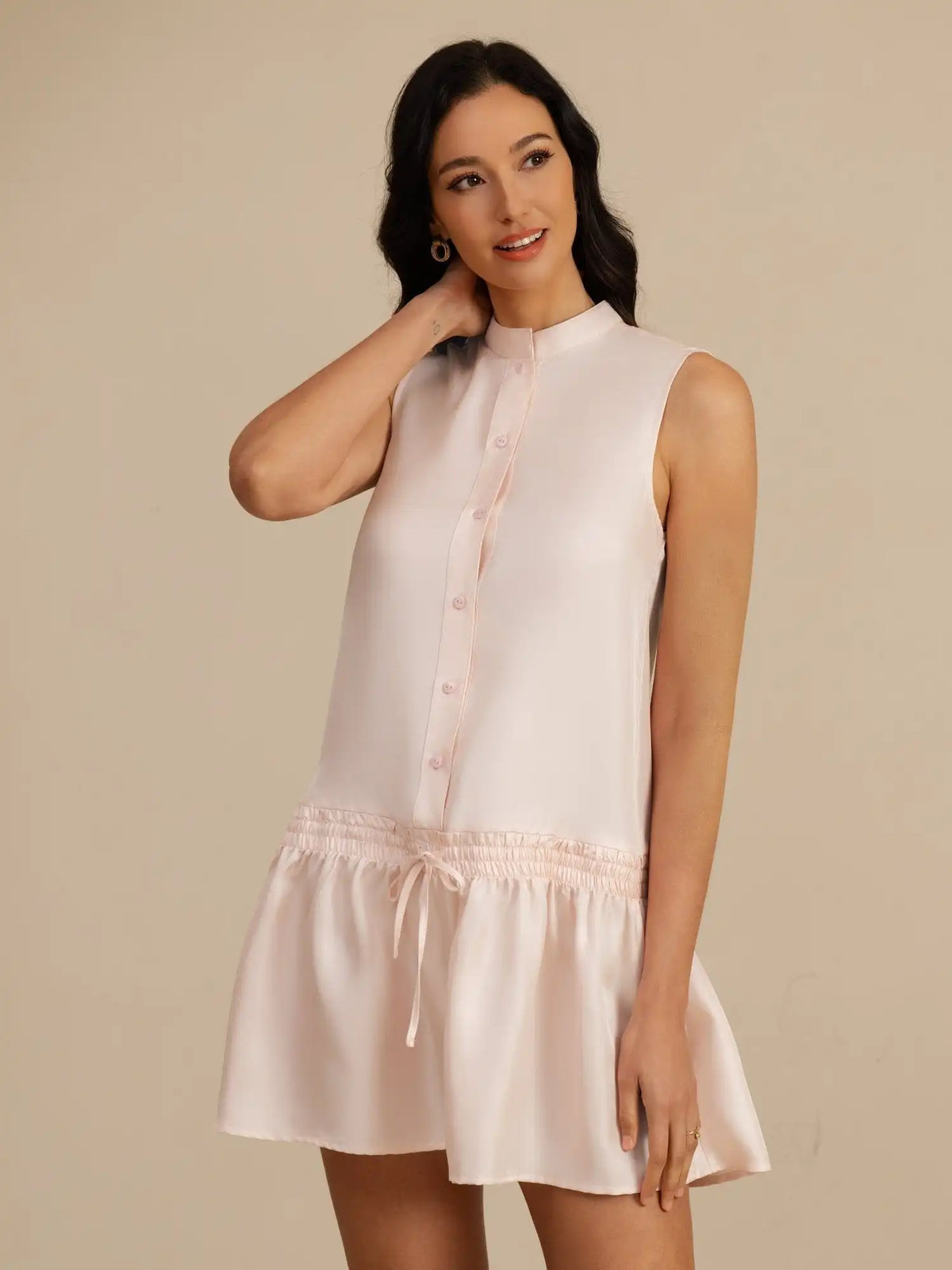 Clearance - Pure Silk Sleeveless Short Dress With Adjustable Drawstring Drop Waist