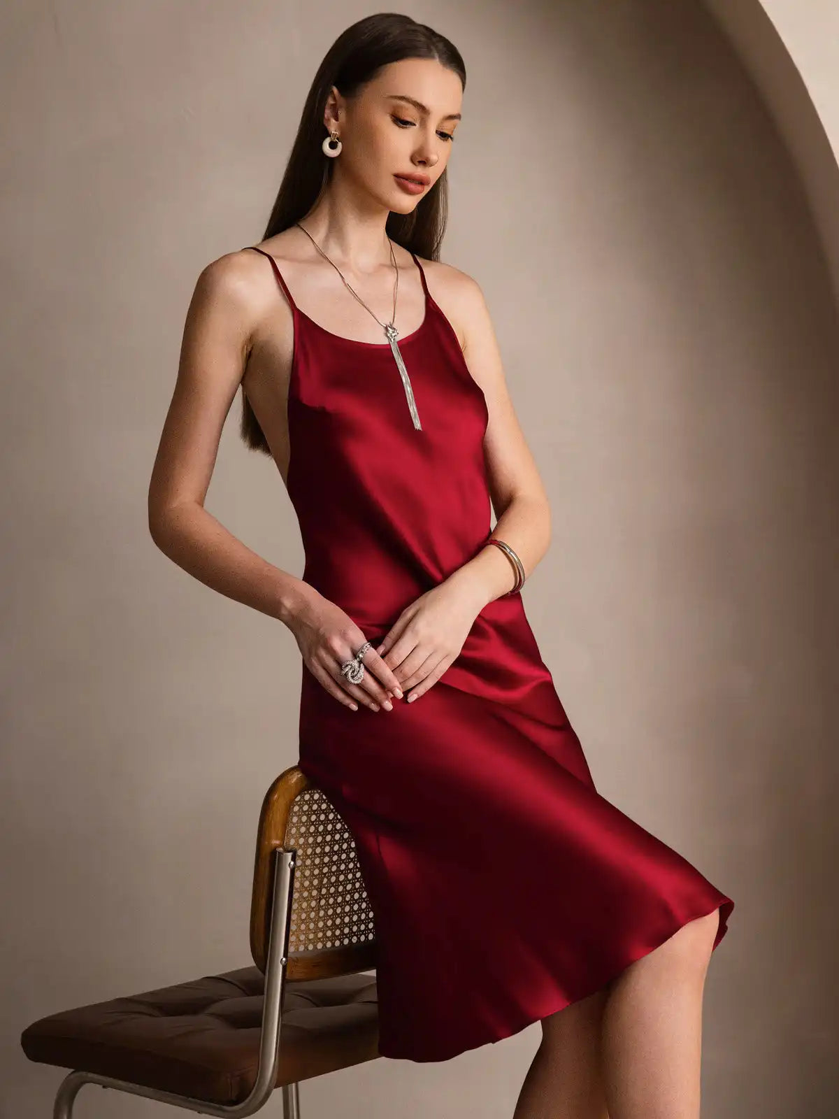 Elegant 100% Mulberry Silk Cross Backless Midi Dress with Side Slit