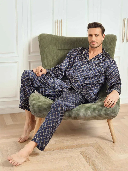 100% Mulberry Silk Navy Chain Print Long Sleeve Men's Pajamas Set With Pants