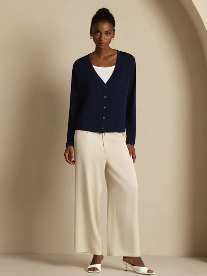 100% Mulberry Silk Women's V-Neck Long Sleeve Basic Cardigan