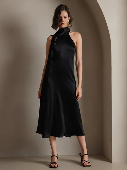 19Momme Silk Sleeveless Tie Neck Midi Dress
