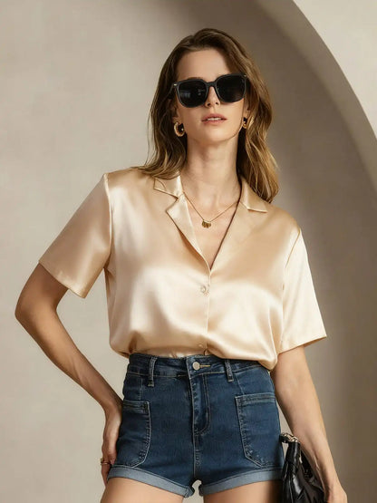 19Momme Silk Short Sleeve Notched Lapel Women's Shirt with Button Up Design