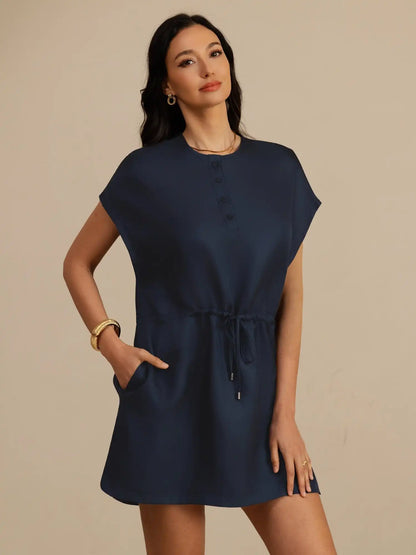Clearance - 100% Mulberry Silk Henley Neck Cap Sleeve Short Dress With Drawstring